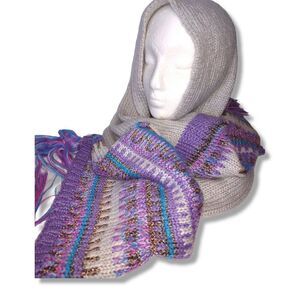 Sparkly Purple White Knit Infinity Loop‎ Scarf with Tassels Cozy Warm